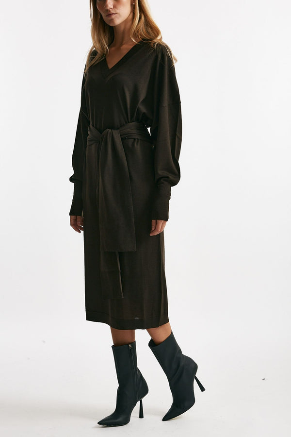 abito in maglia scollo a v cioccolato donna Nude