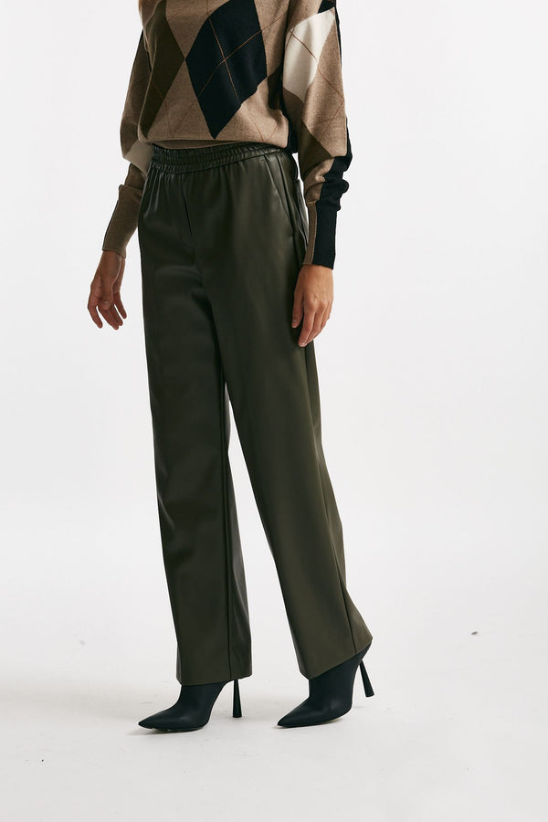 pantalone dritto eco pelle verde oliva donna Nude