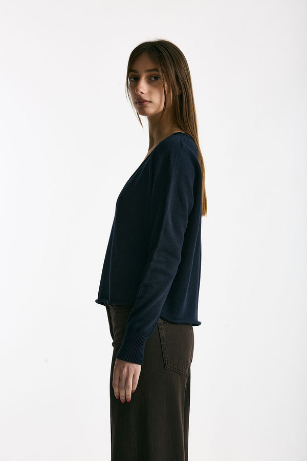 Maglia scollo a v in cotone blu donna Scaglione