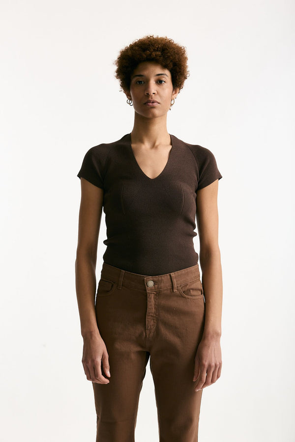 Maglia scollo a v costine marrone donna Federica tosi