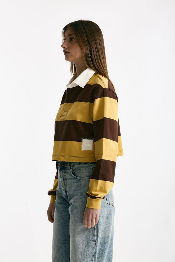 Polo crop rigata marrone e gialla donna Woc
