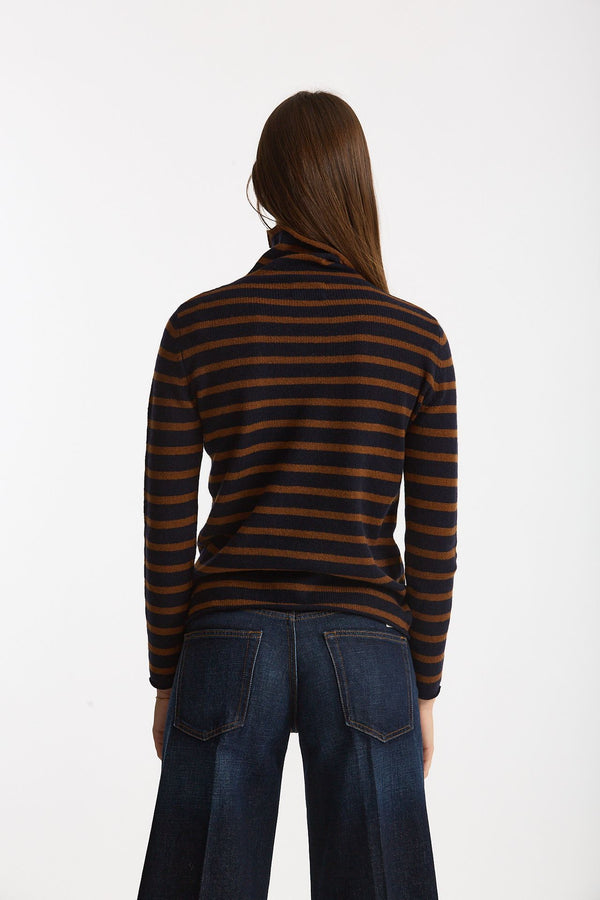 Maglia dolcevita rigata in cashmere tabacco e blu donna Be you