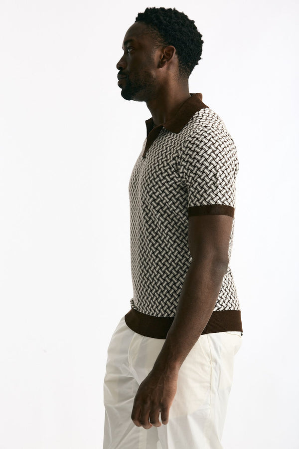 Polo in cotone e lino fantasia bianco e moro uomo Drumohr