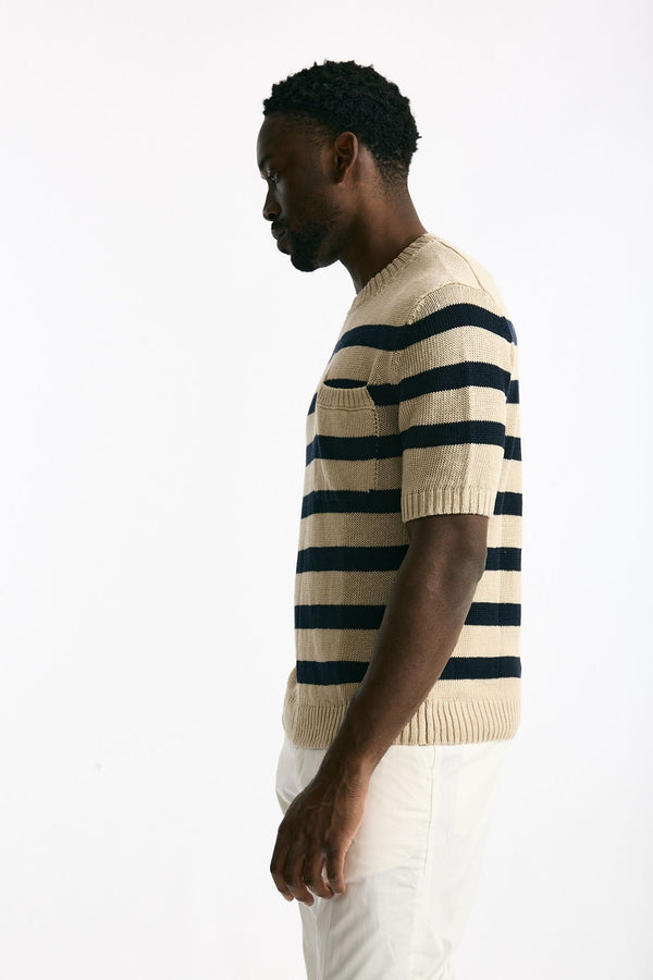 T-shirt in lino rigata beige e blu uomo Hosio