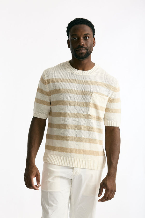 T-shirt in lino rigata beige e bianco uomo Hosio