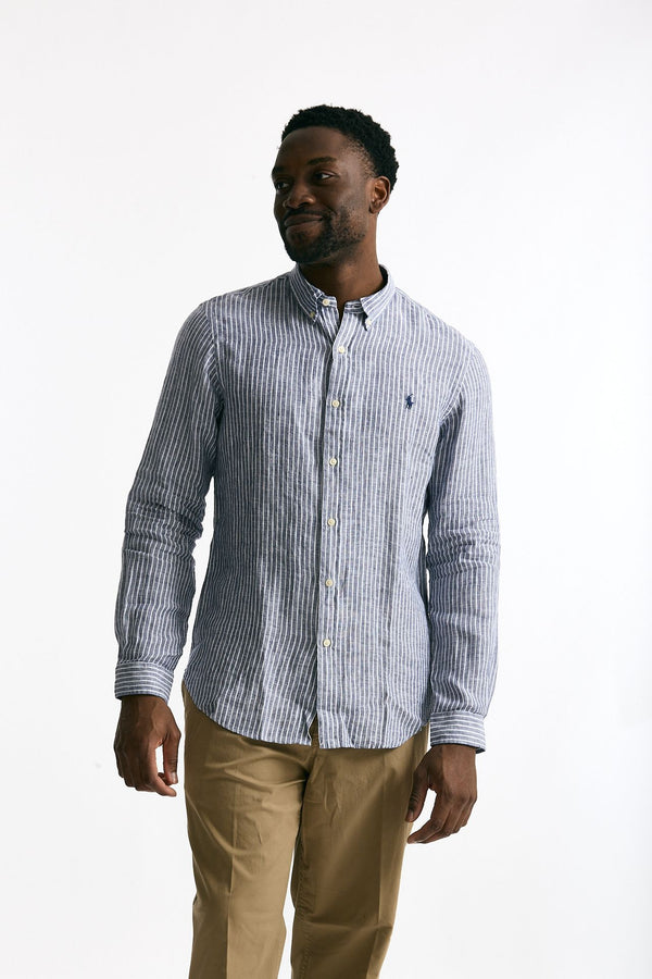 Camicia in lino rigato blu e bianco uomo Polo ralph lauren
