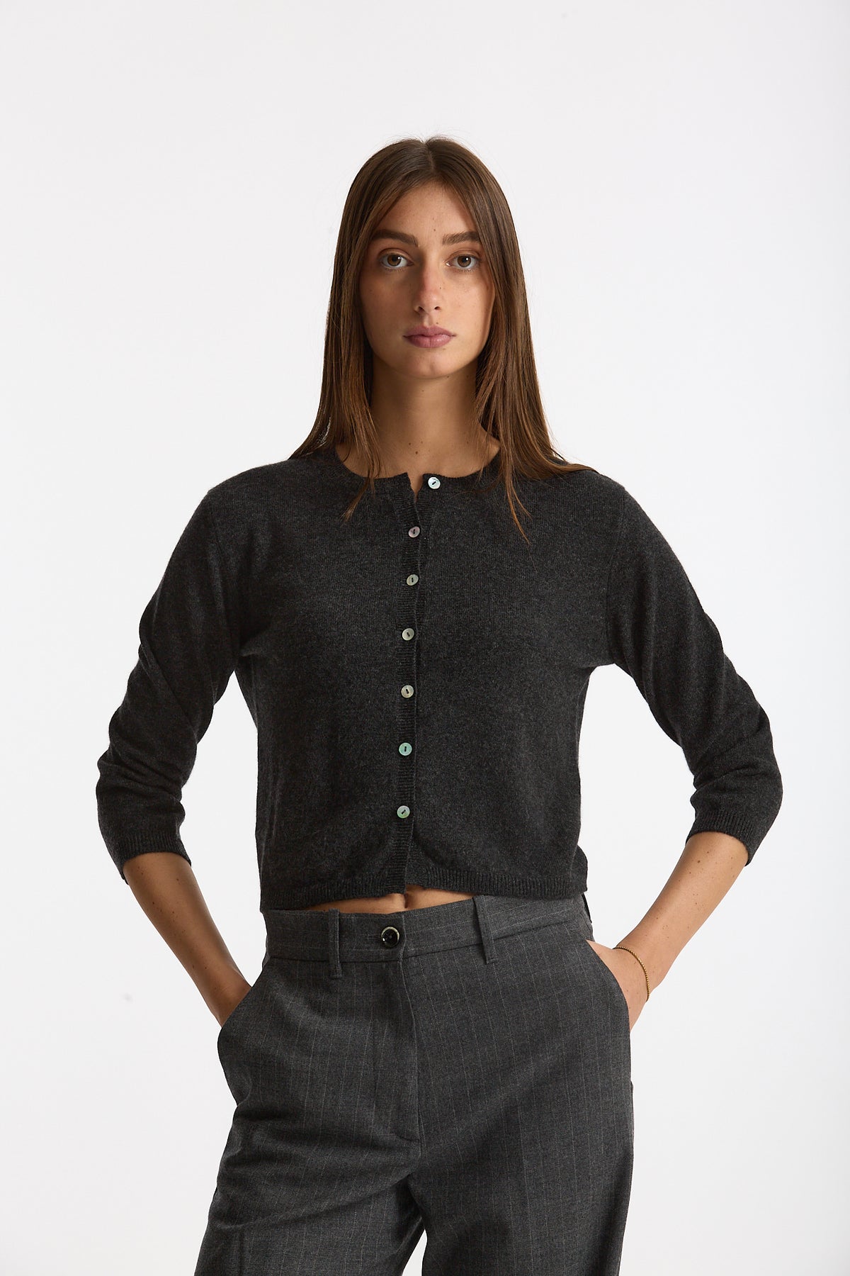 Cardigan slim in morbido cashmere grigio antracite donna Be you - 1