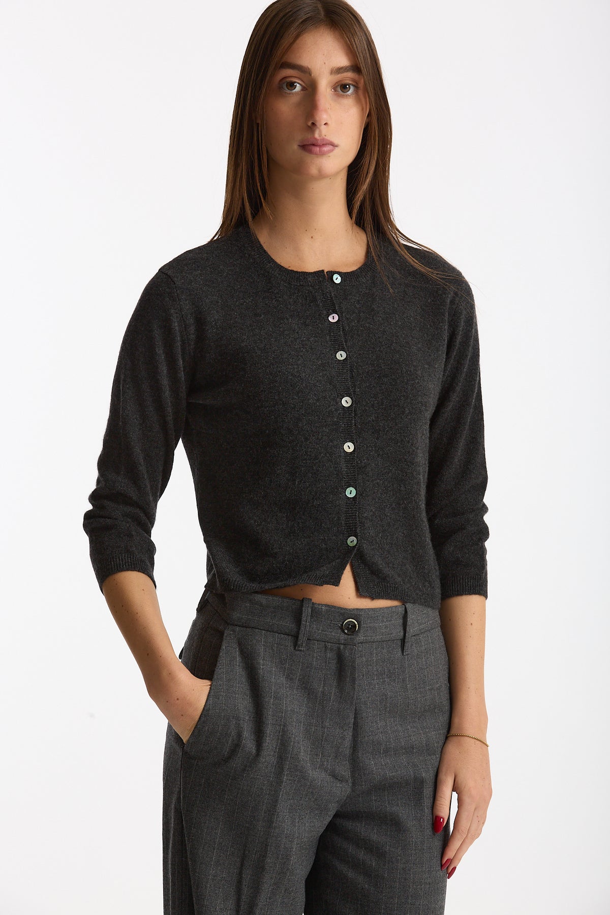 Cardigan slim in morbido cashmere grigio antracite donna Be you - 4