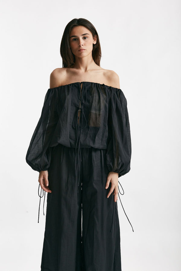 camicia scollata in mussola di cotone nero donna The andamane