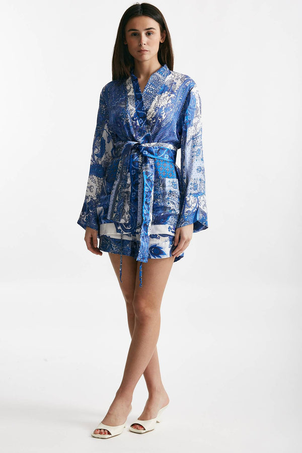 kimono in fantasia azzurra blu e bianca donna Bellini