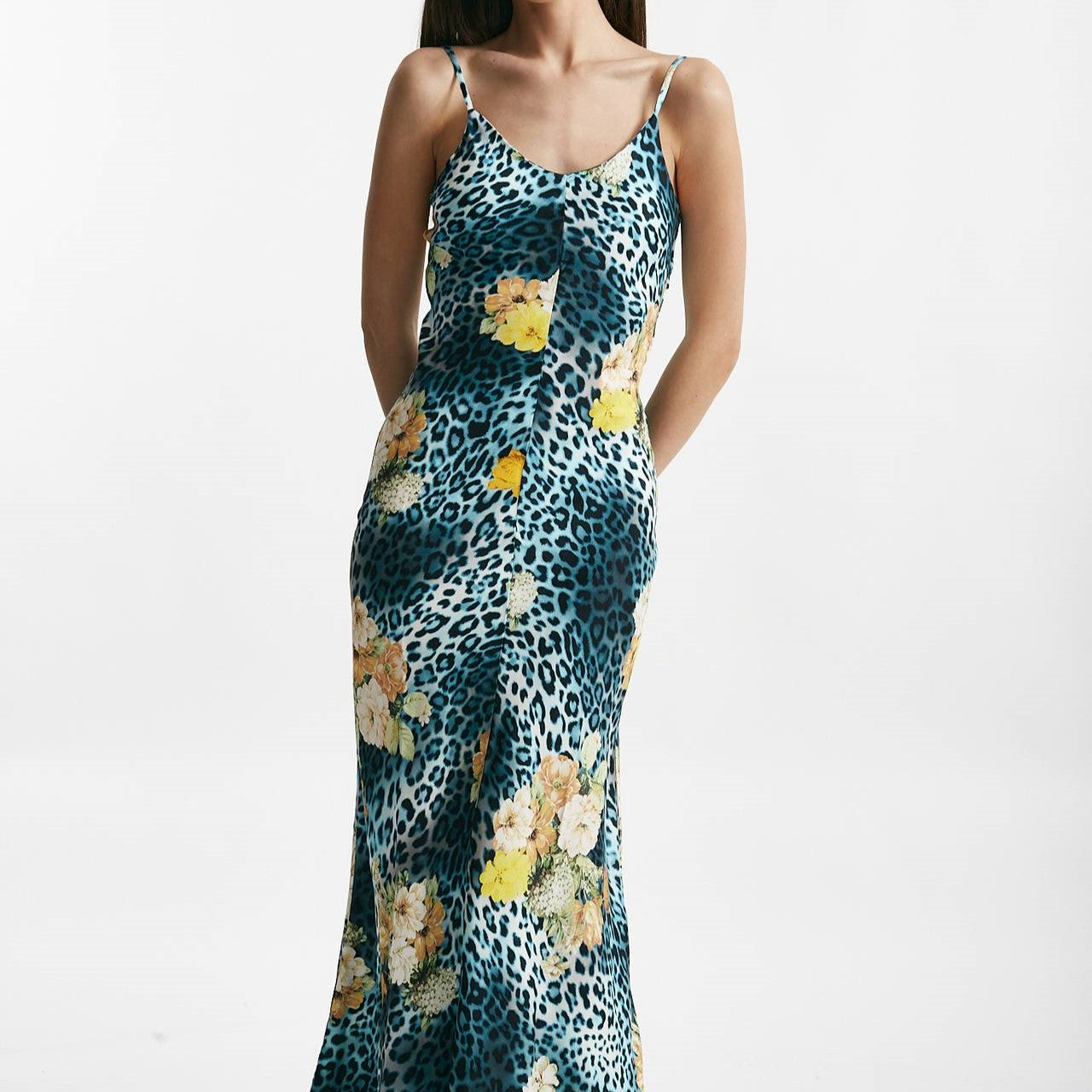 abito lungo in viscosa fantasia animalier azzurra e gialla donna Bellini - 6