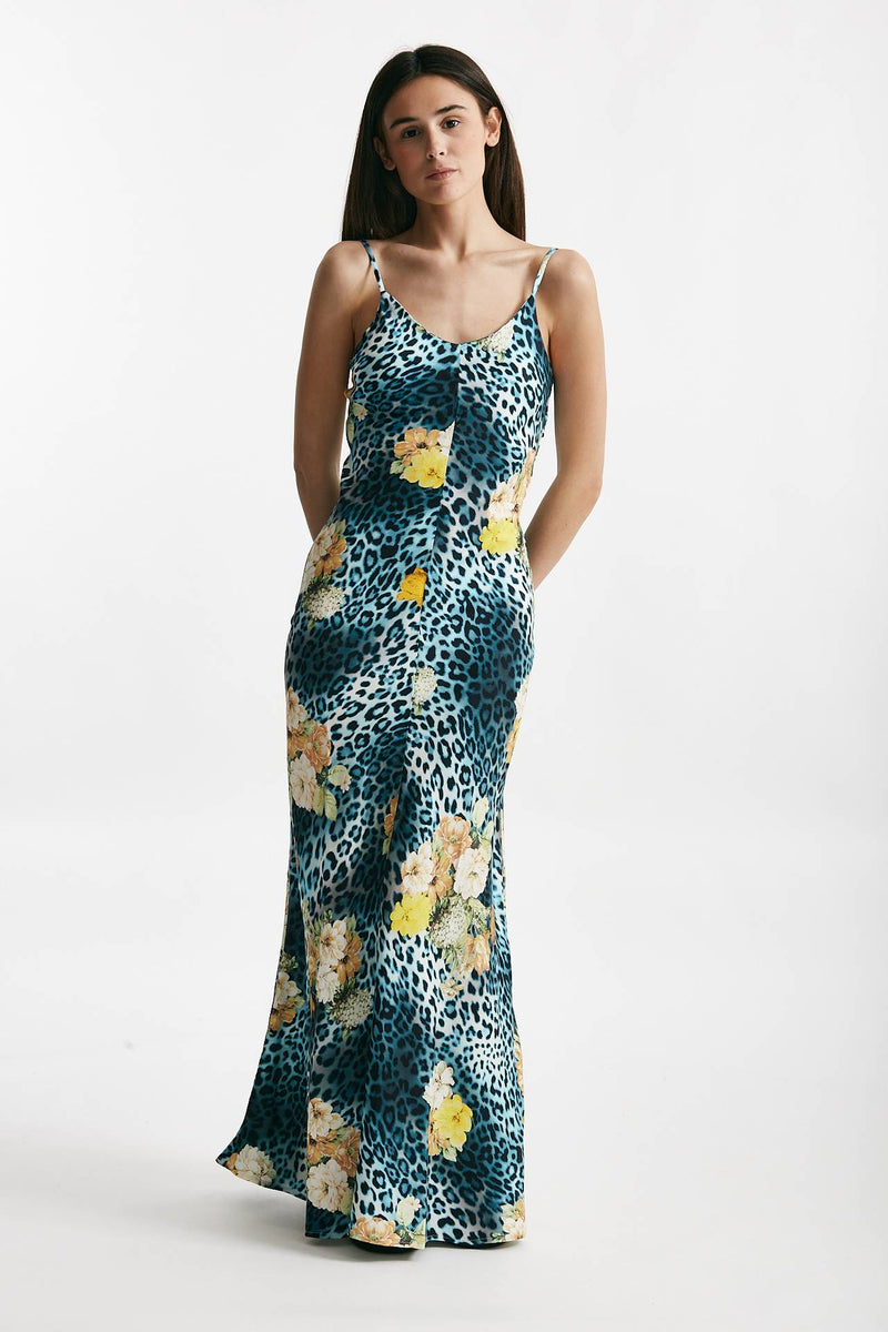 abito lungo in viscosa fantasia animalier azzurra e gialla donna Bellini - 1