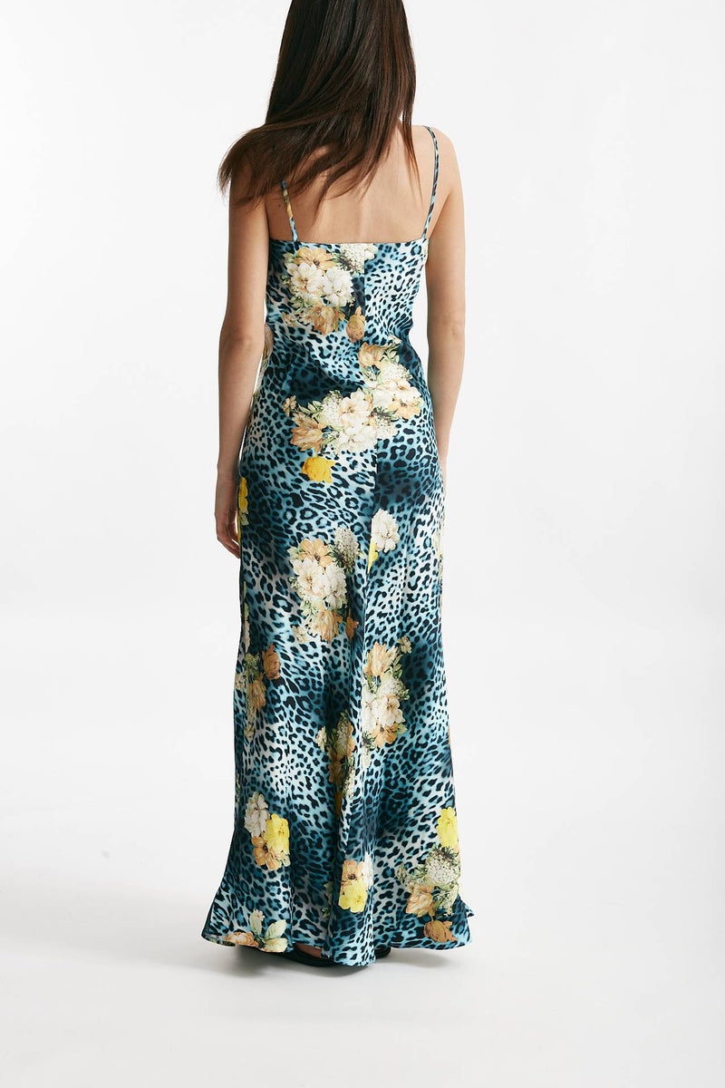 abito lungo in viscosa fantasia animalier azzurra e gialla donna Bellini - 3