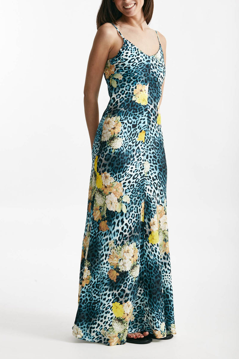 abito lungo in viscosa fantasia animalier azzurra e gialla donna Bellini - 4