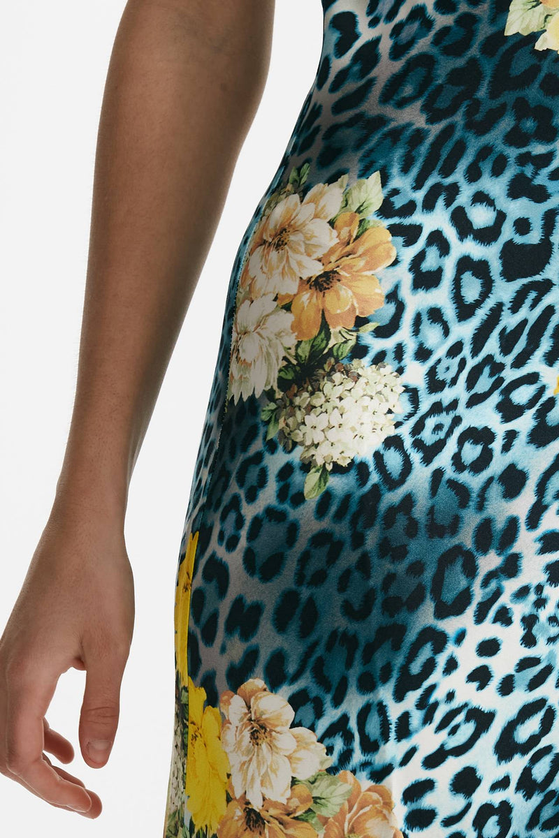 abito lungo in viscosa fantasia animalier azzurra e gialla donna Bellini - 5