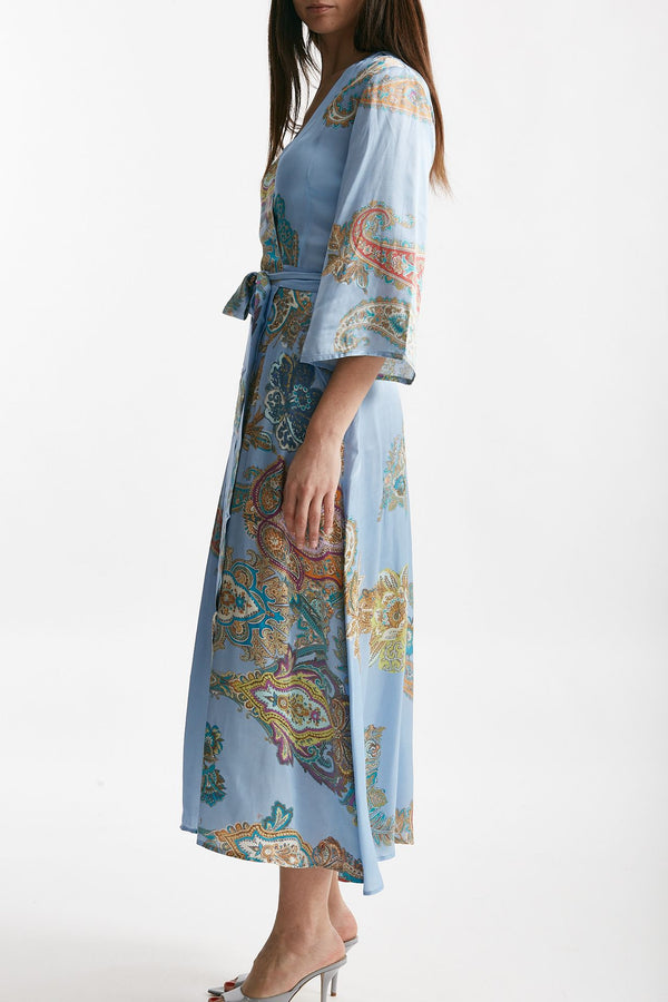 abito wrap in fantasia fantasia fondo azzurro donna Bellini