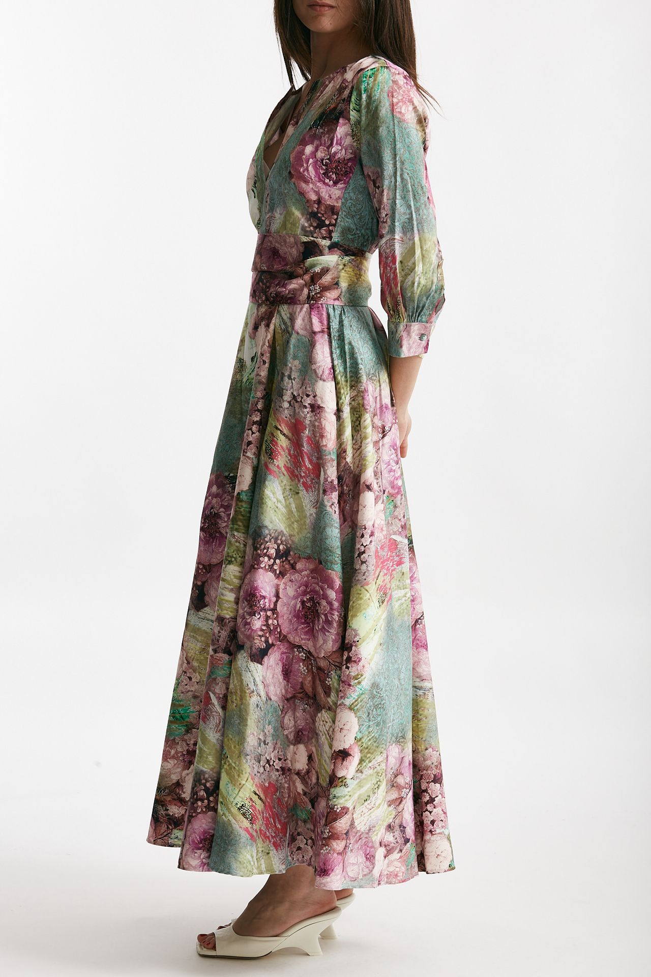 abito in cotone fantasia rosa e verde scollato donna Bellini - 2