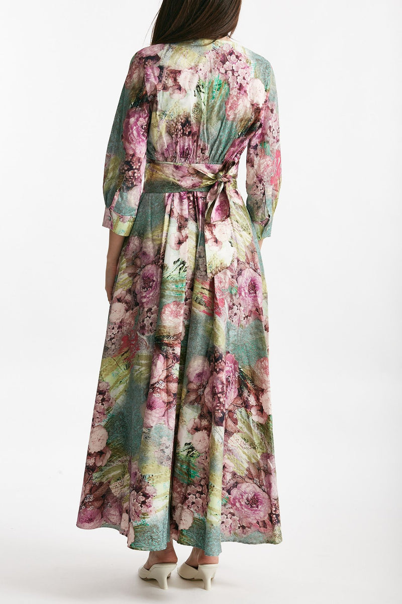 abito in cotone fantasia rosa e verde scollato donna Bellini - 3