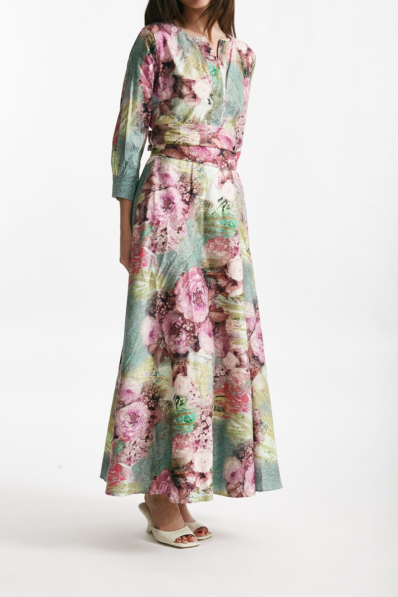 abito in cotone fantasia rosa e verde scollato donna Bellini - 4