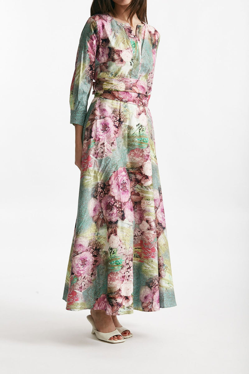 abito in cotone fantasia rosa e verde scollato donna Bellini - 4