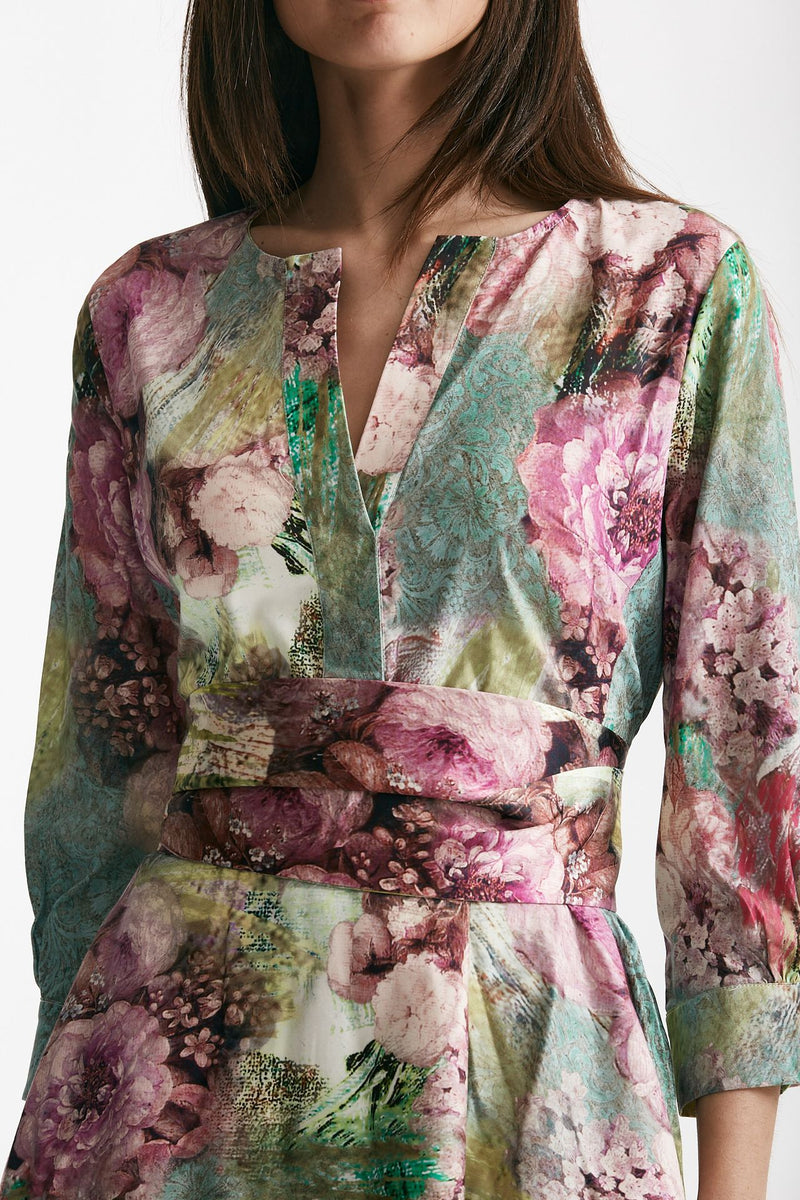 abito in cotone fantasia rosa e verde scollato donna Bellini - 5