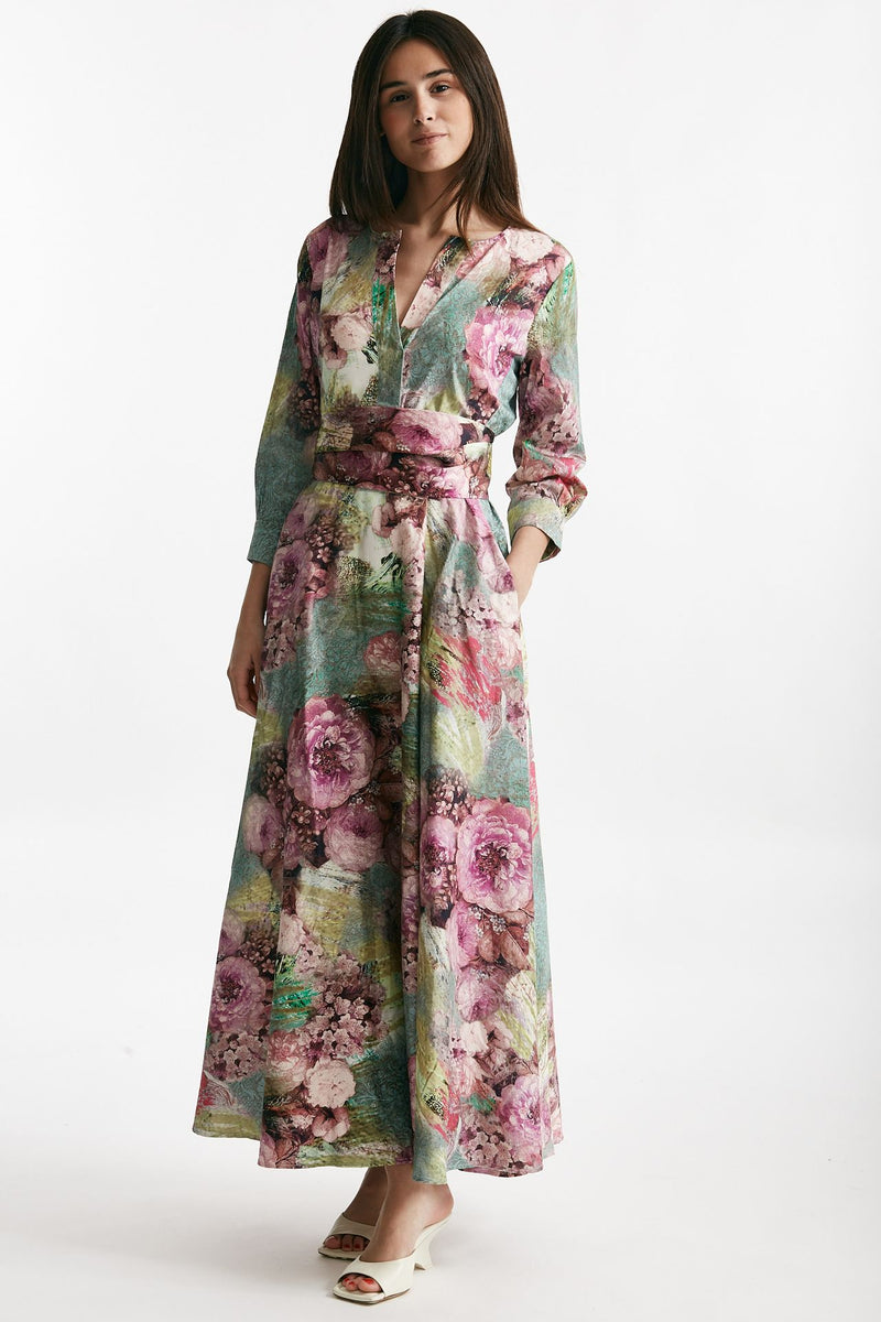 abito in cotone fantasia rosa e verde scollato donna Bellini - 1