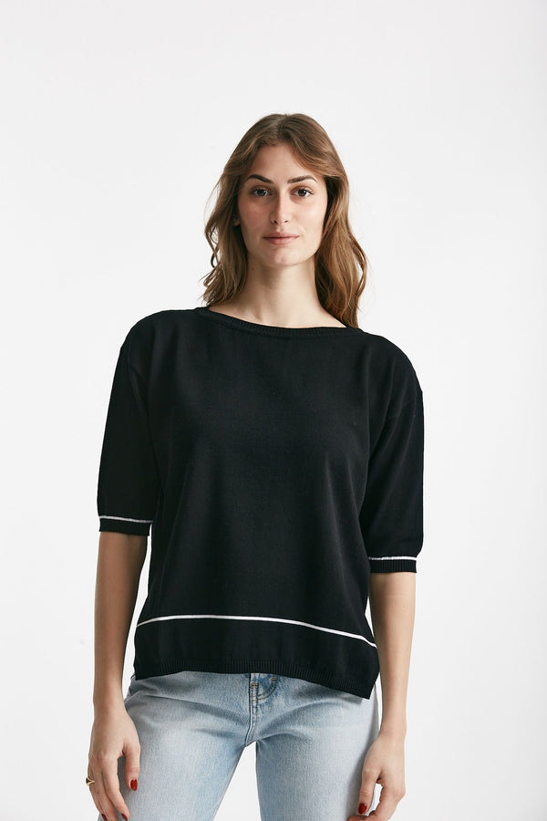 maglia in cotone nero con riga bianca spalla scesa donna Clouds