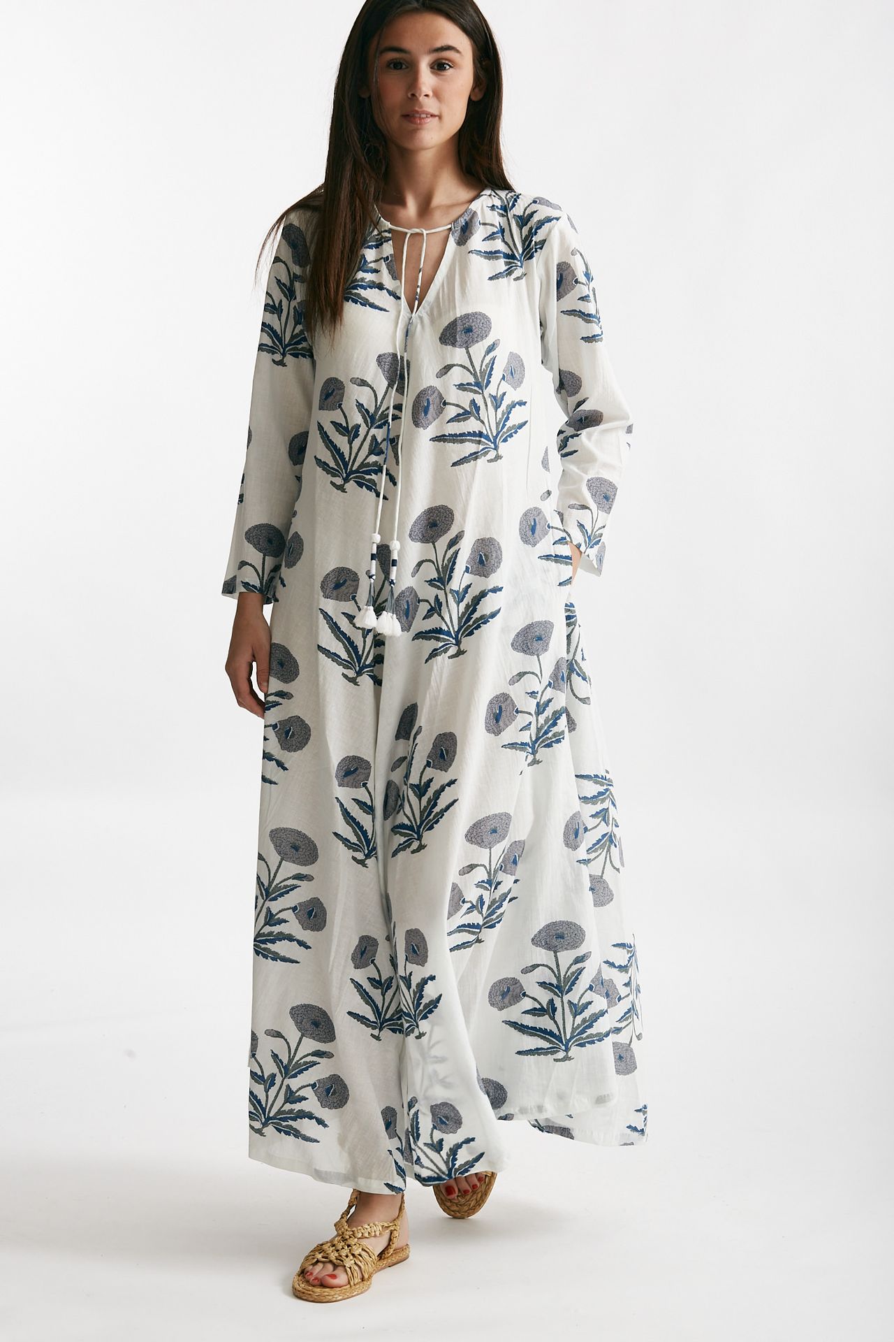 abito lungo in cotone soleil fantasia blu e grigia donna Elleblue - 1