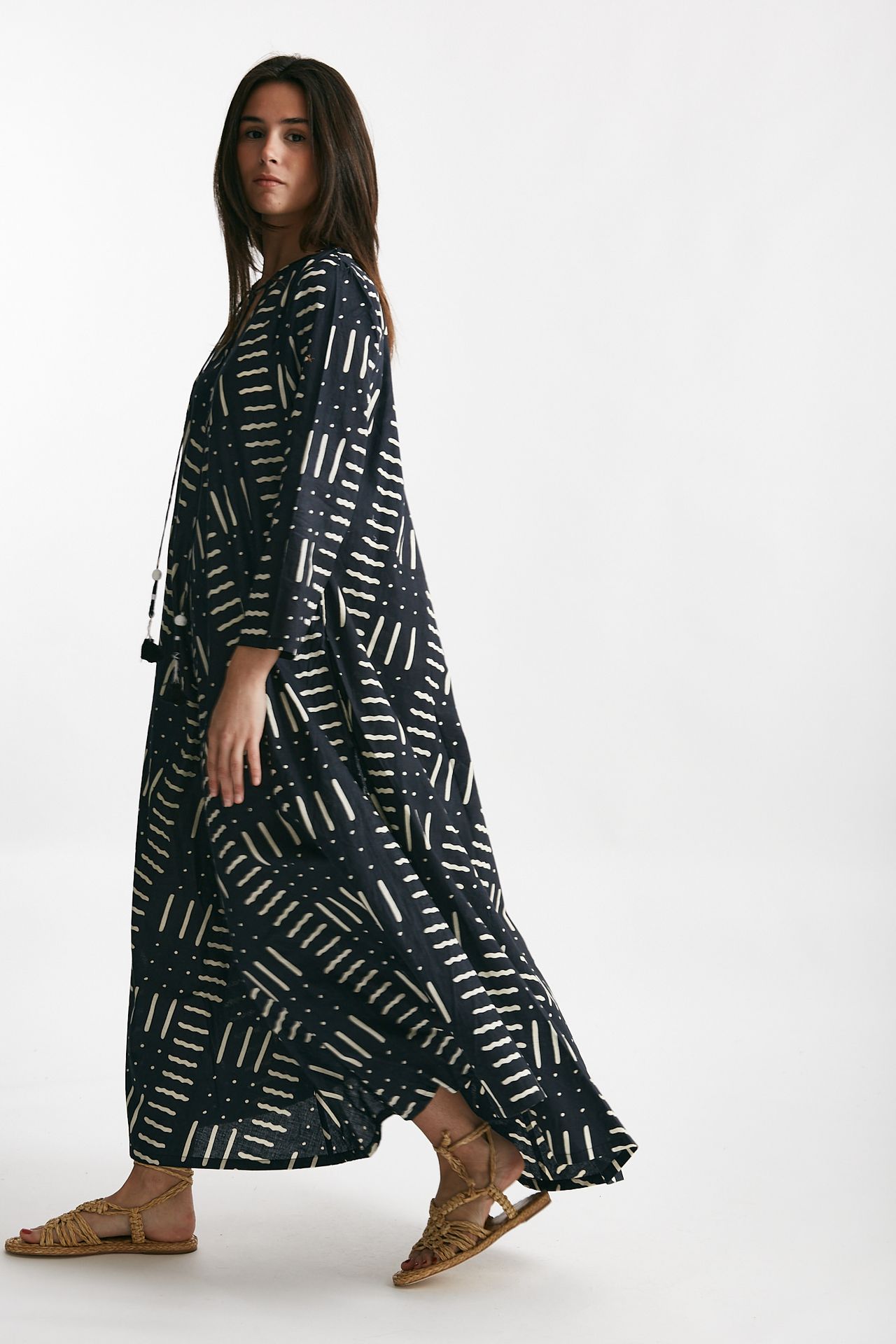 abito lungo in cotone soleil fantasia nera e bianca donna Elleblue - 2