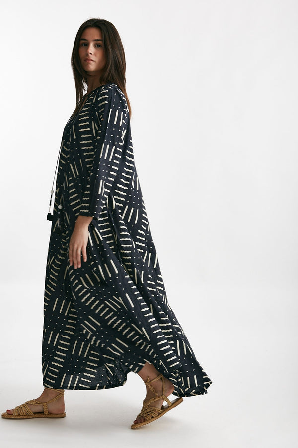 abito lungo in cotone soleil fantasia nera e bianca donna Elleblue