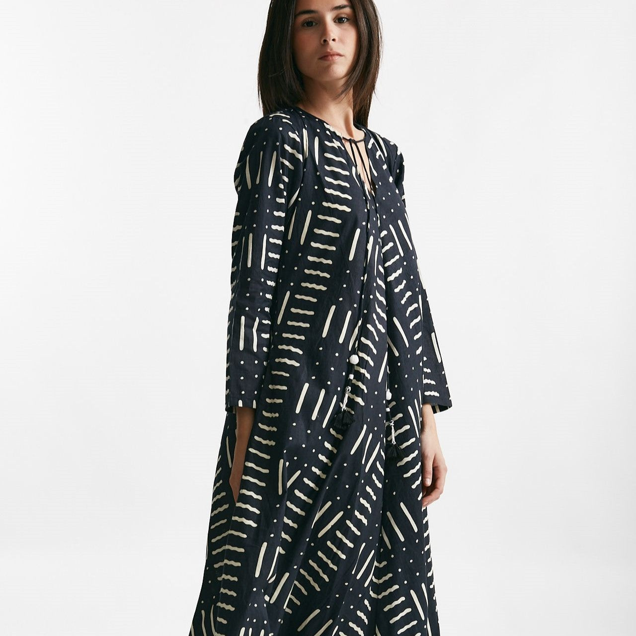 abito lungo in cotone soleil fantasia nera e bianca donna Elleblue - 8