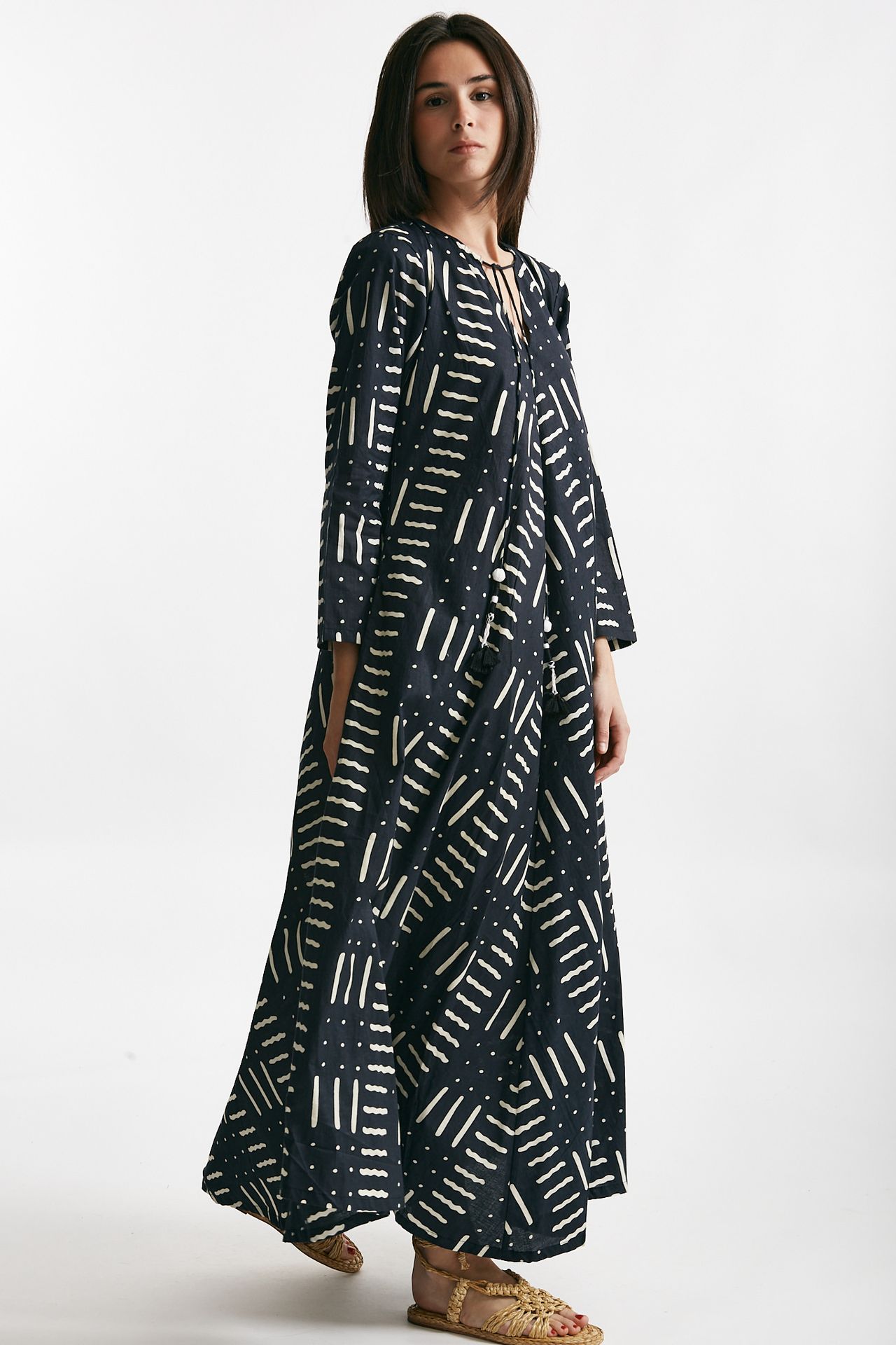abito lungo in cotone soleil fantasia nera e bianca donna Elleblue - 1