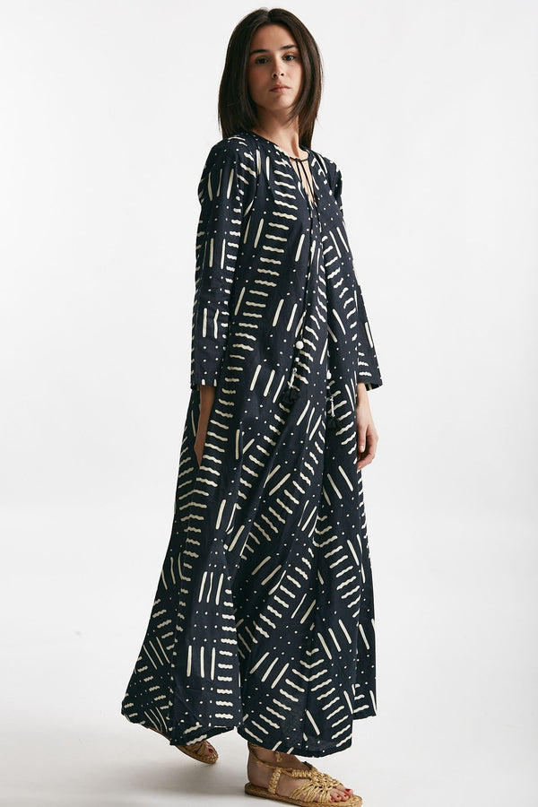 abito lungo in cotone soleil fantasia nera e bianca donna Elleblue