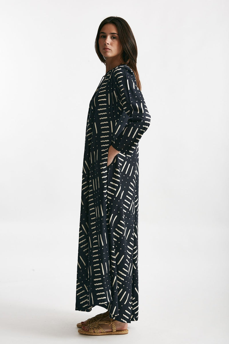 abito lungo in cotone soleil fantasia nera e bianca donna Elleblue - 4