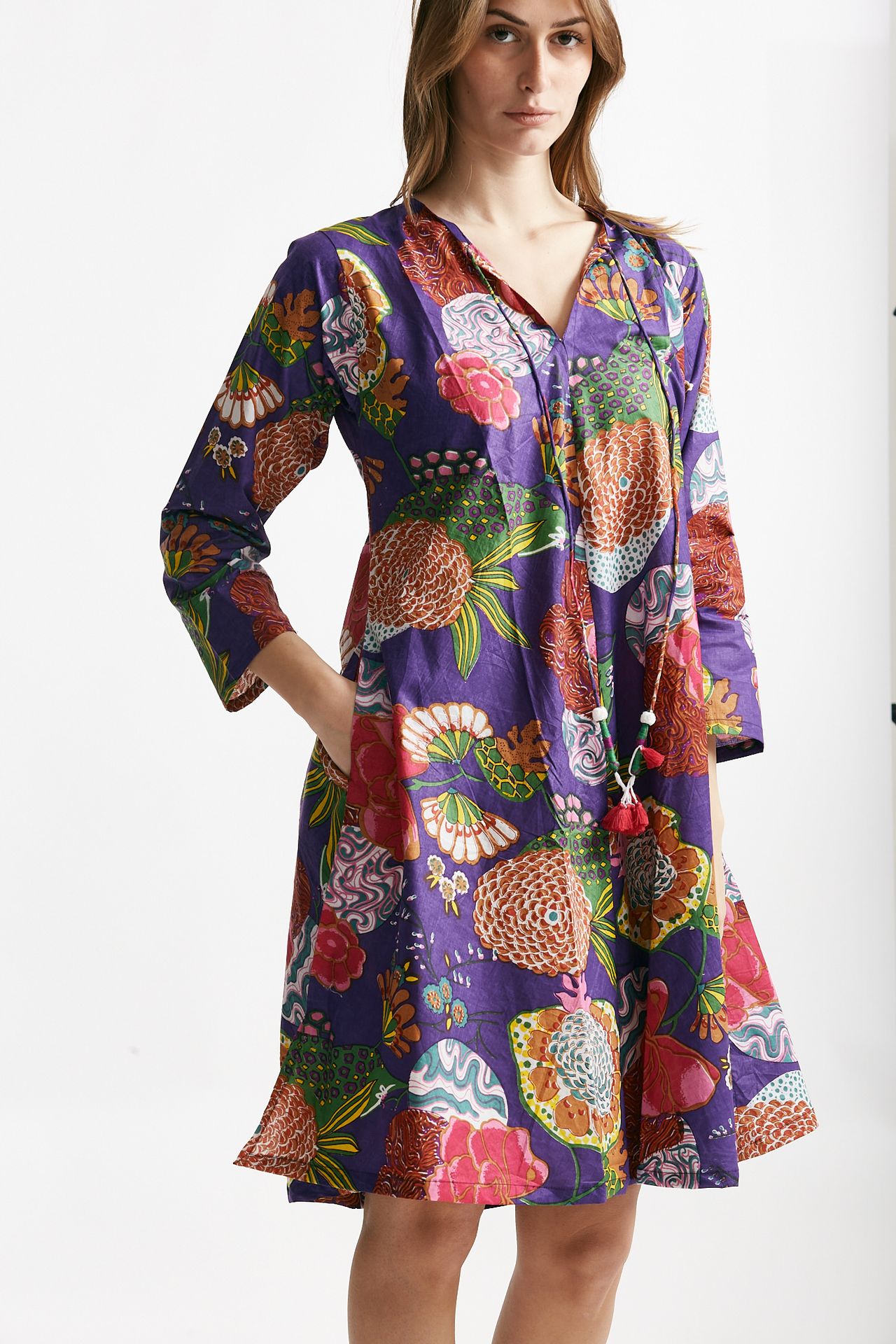 abito midi soleil crop fantasia viola e rossa donna Elleblue - 4