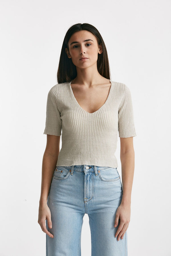 maglia a costine grigio tortora scollo a v donna Grifoni