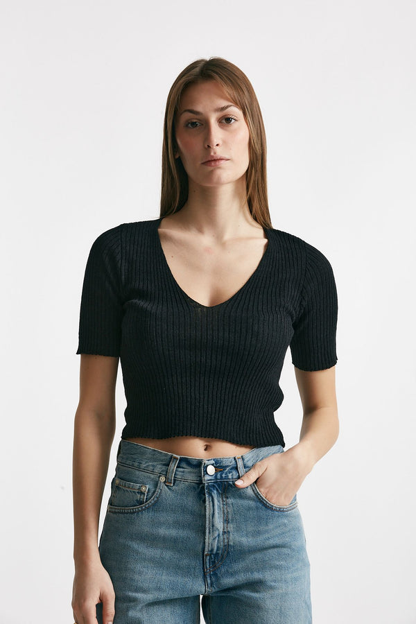 maglia a costine nero scollo a v donna Grifoni