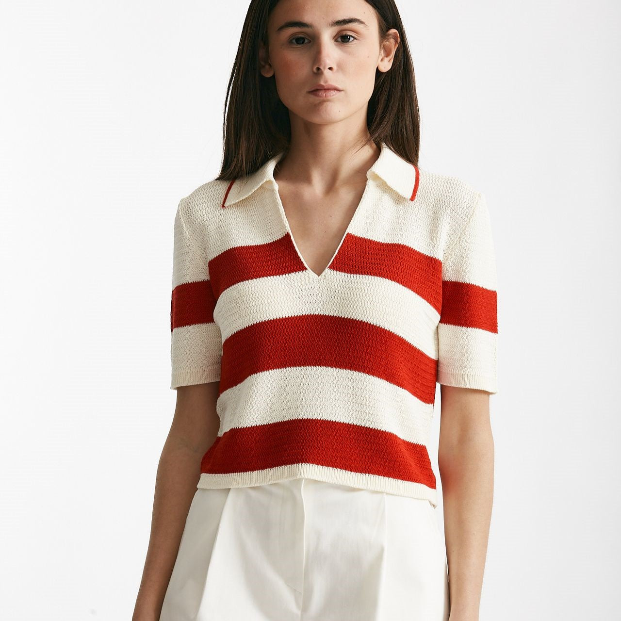 maglia polo rigata panna e rossa donna Laneus - 6