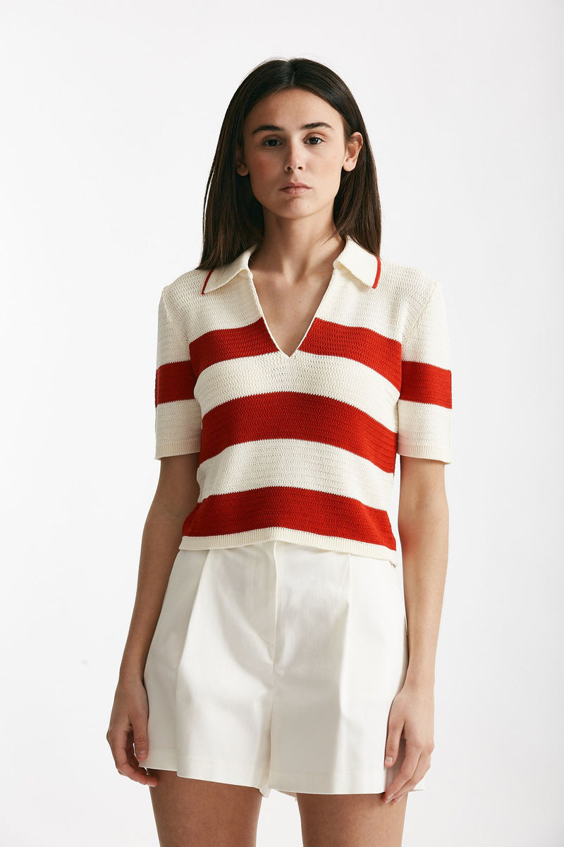 maglia polo rigata panna e rossa donna Laneus - 1