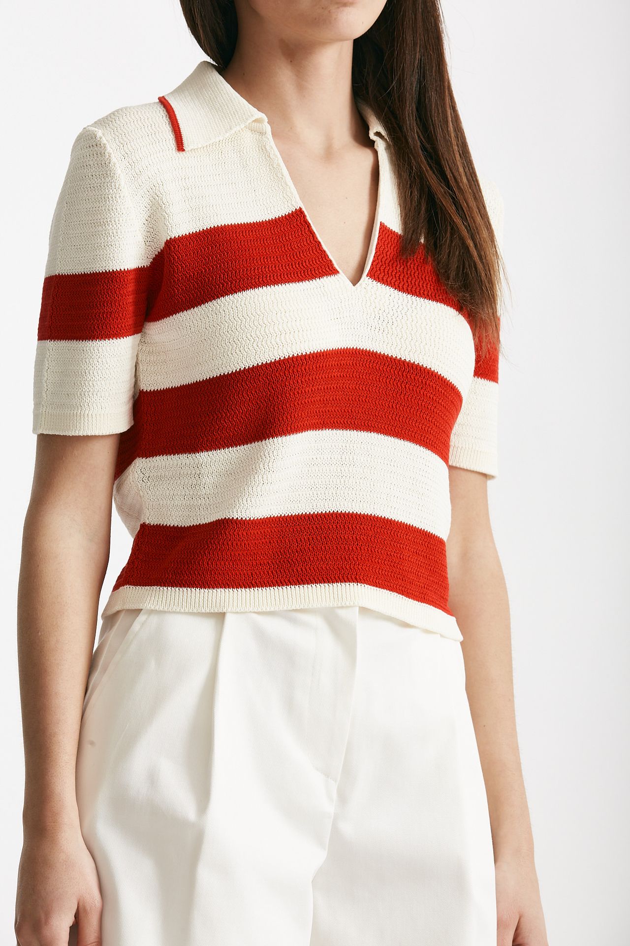 maglia polo rigata panna e rossa donna Laneus - 4