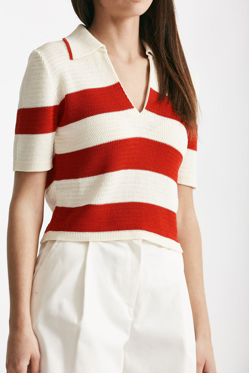maglia polo rigata panna e rossa donna Laneus - 4