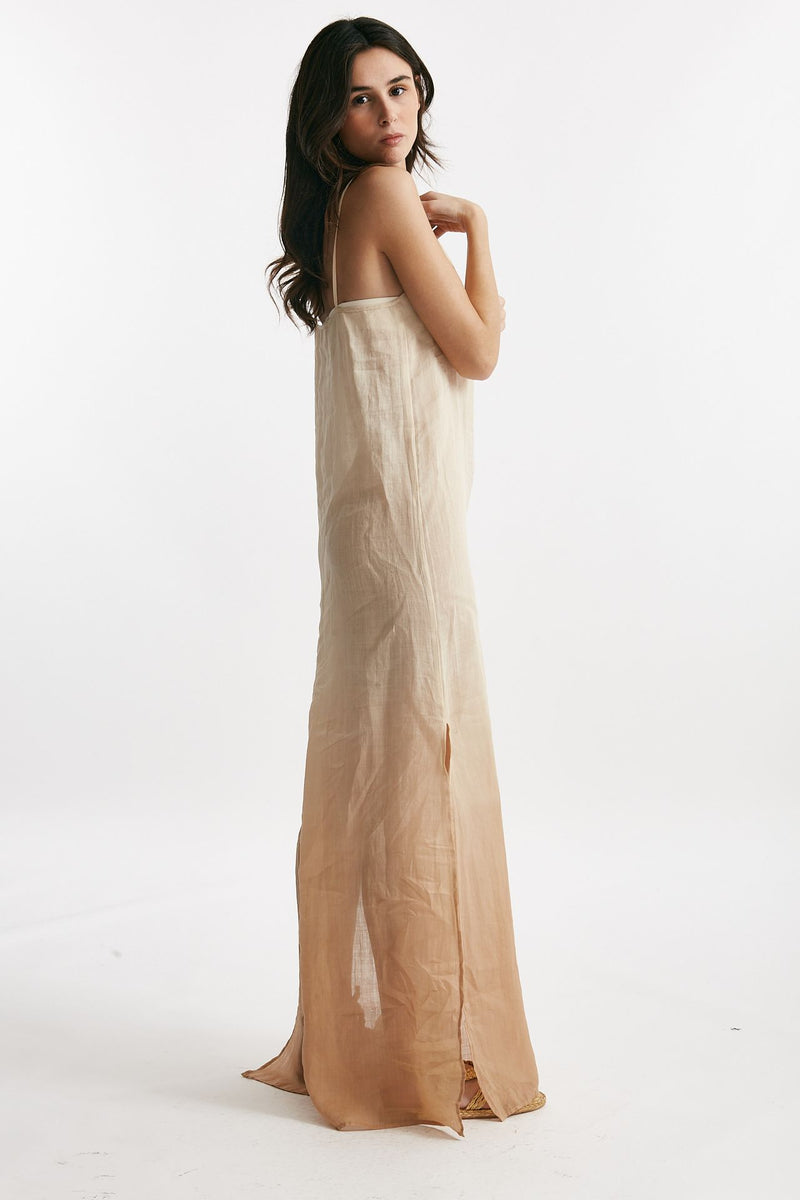 abito lungo in lino beige degrade donna Nude - 1