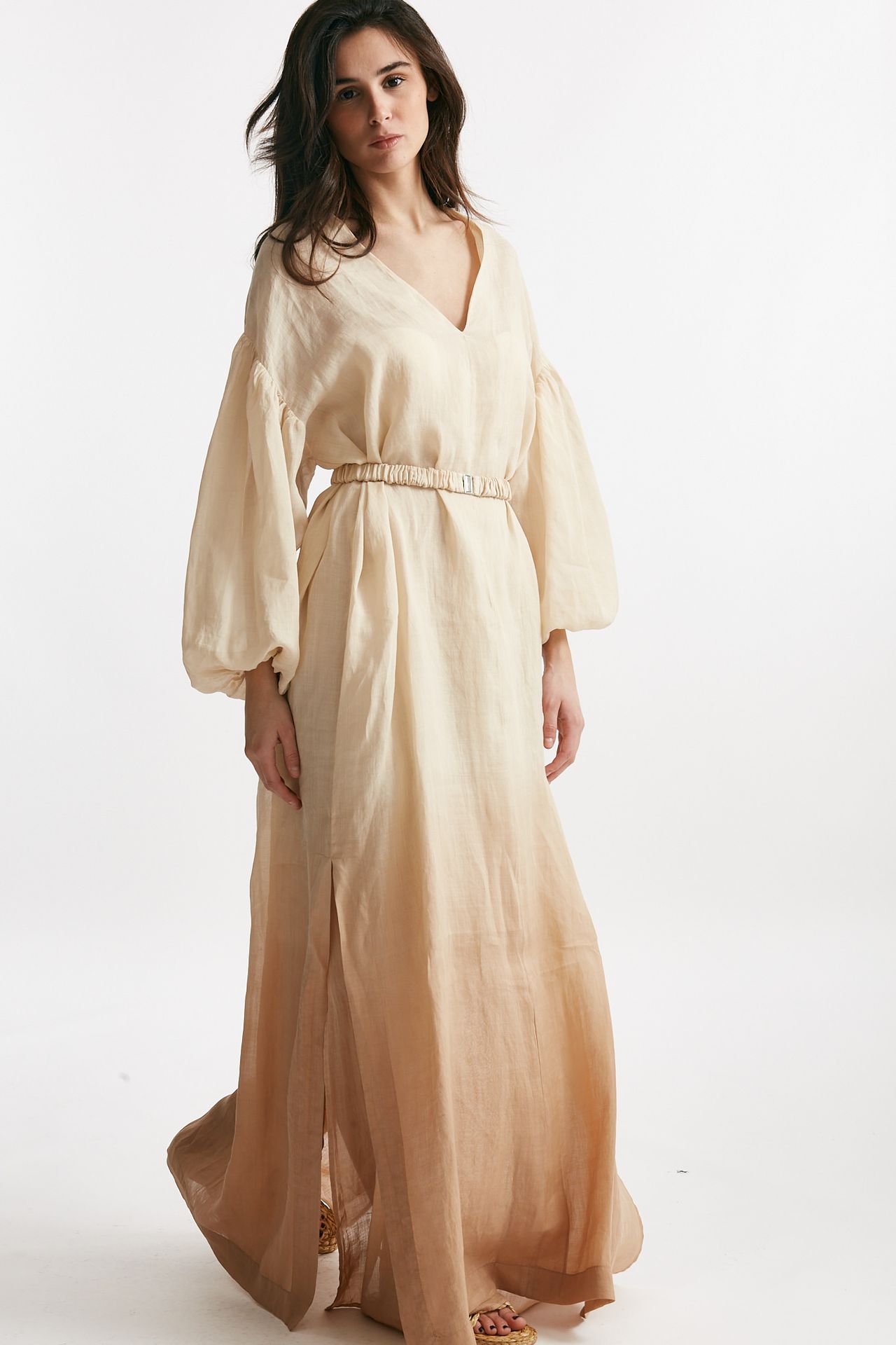abito lungo in lino beige degrade donna Nude - 5