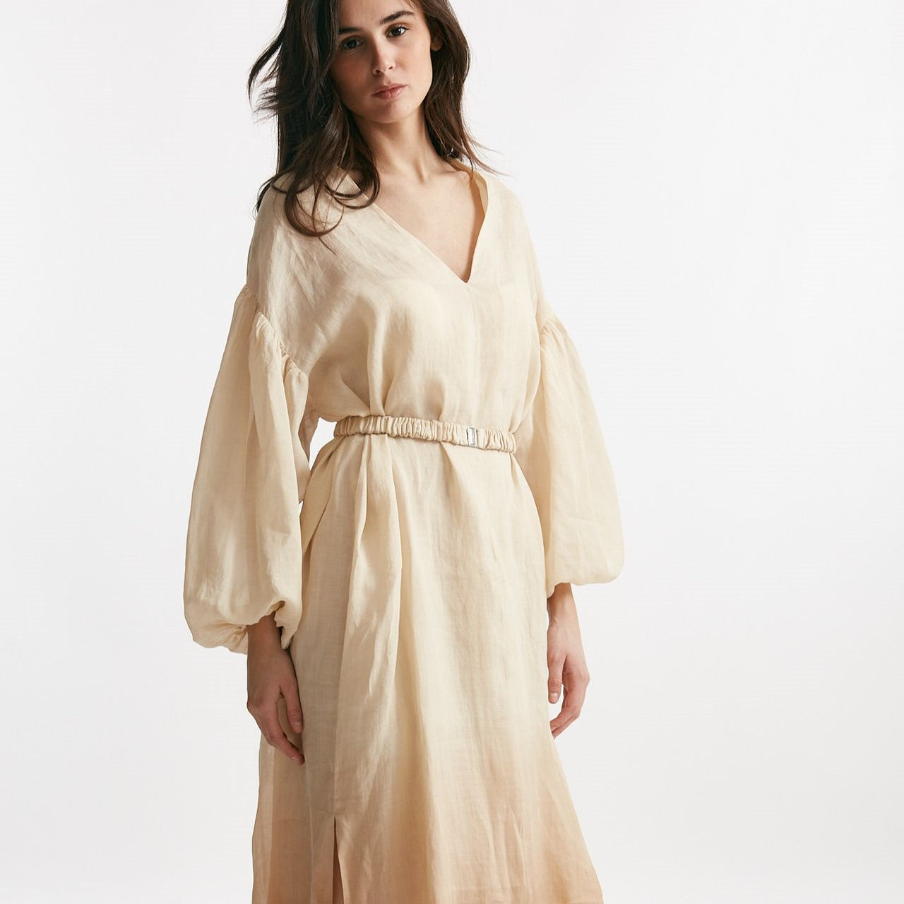 abito lungo in lino beige degrade donna Nude - 9