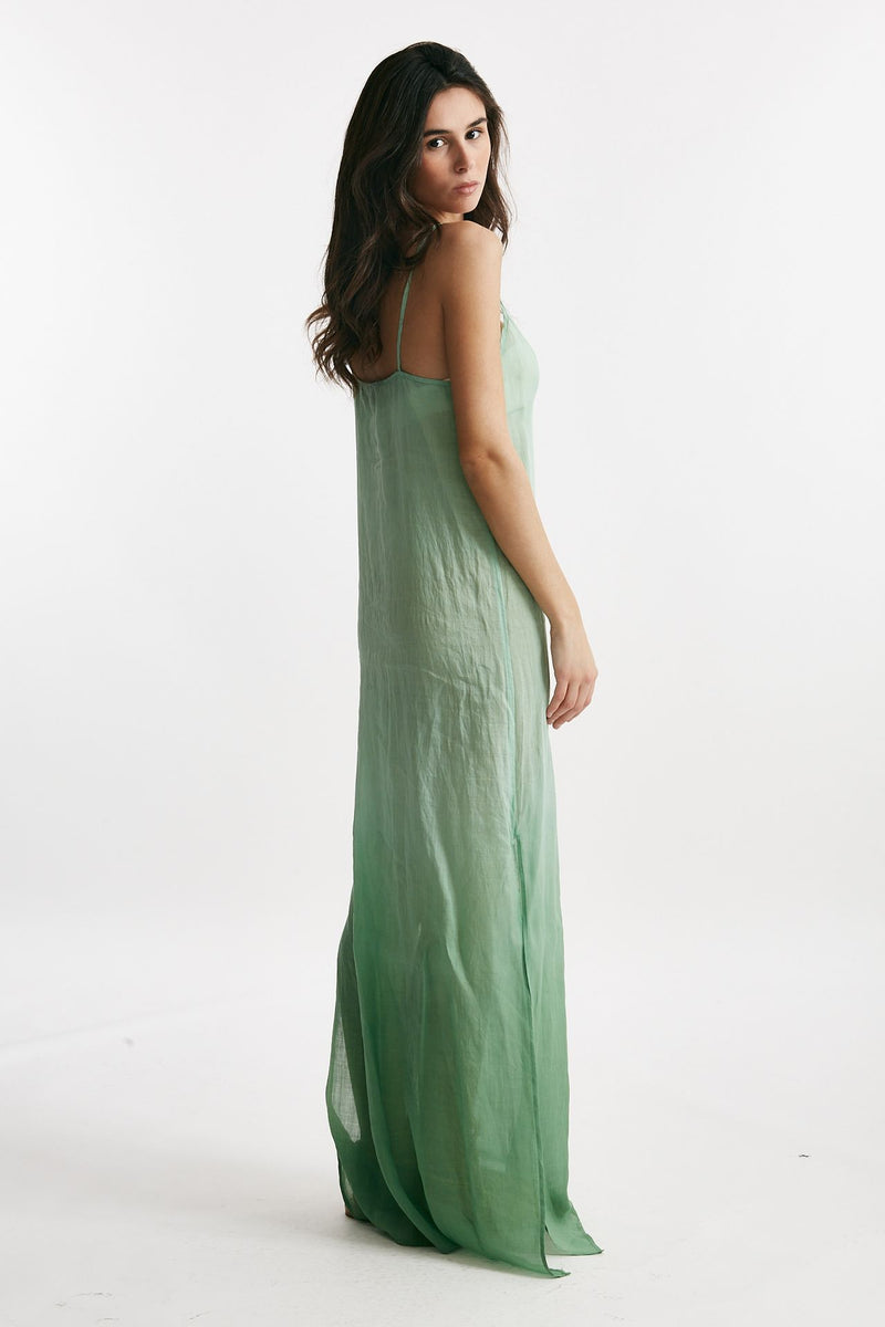 abito lungo in lino verde acqua degrade donna Nude - 2