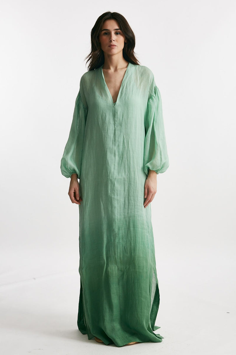 abito lungo in lino verde acqua degrade donna Nude - 3