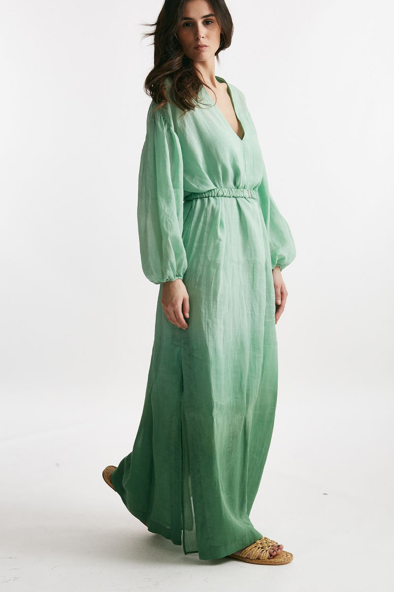 abito lungo in lino verde acqua degrade donna Nude - 7