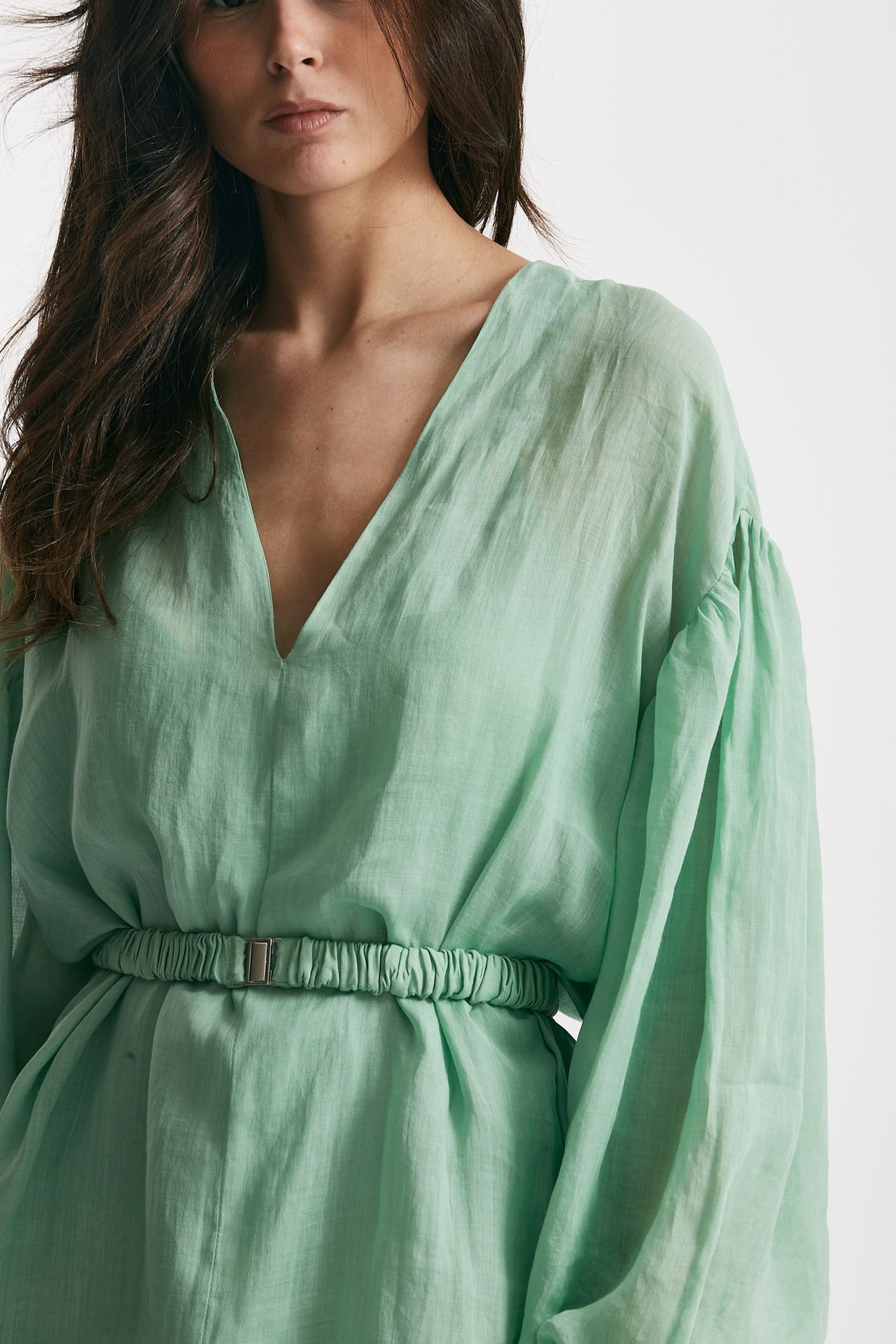 abito lungo in lino verde acqua degrade donna Nude - 8