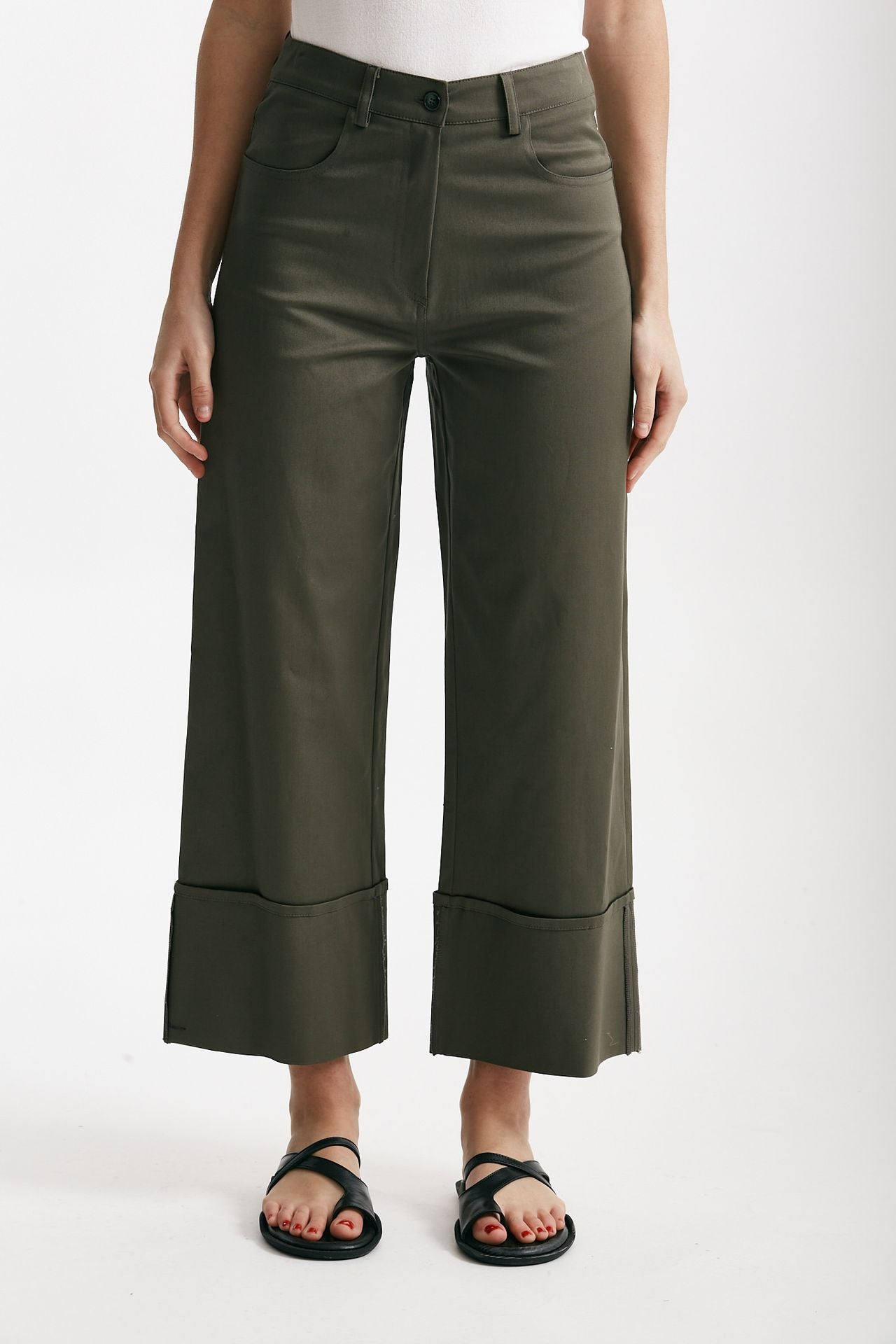 pantalone vita alta in cotone verde militare donna ( p - s ) - 1