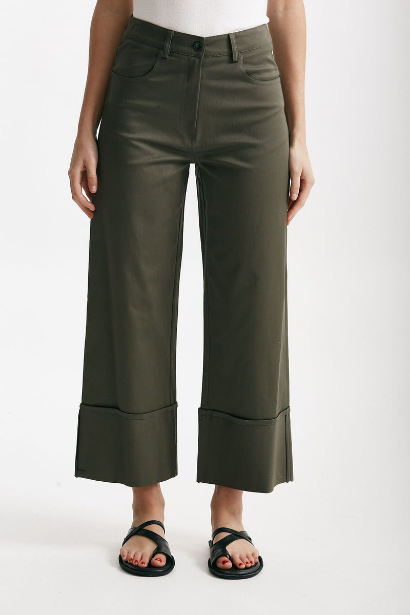 pantalone vita alta in cotone verde militare donna ( p - s ) - 1